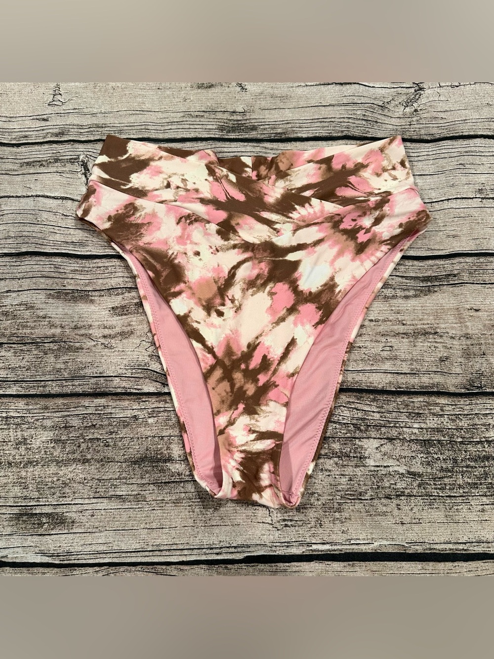 aerie Pink, Brown & Cream High Cut Cheeky Tie-Dye Bikini Bottoms Size Medium